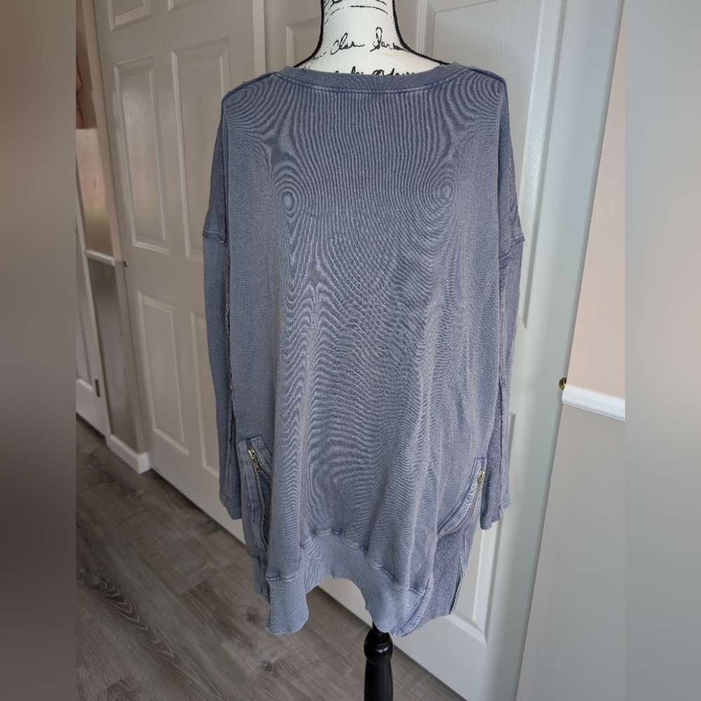 Free People Light Slate Blue Oversized Knit Sweater with Zip Sides